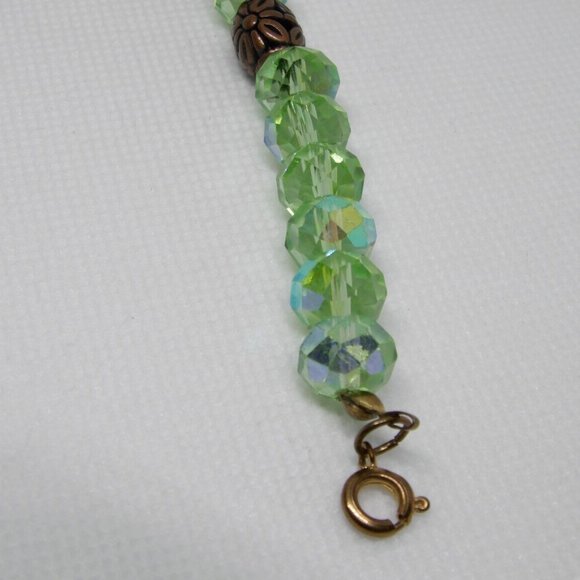 Handmade Elegant Green Glass Beads Bracelet and Charm with Vintage Metal Look 8" - Picture 8 of 10